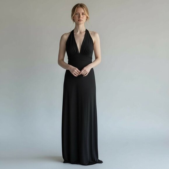 Vintage Y2K Betsy & Adam Black Halter Ruffle Back Long Gown Black Tie Dress Sz 4 - Picture 2 of 10